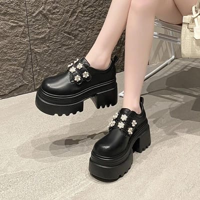 Vente Chaude Chaussures Dames Mocassins Talons Hauts pour Femmes Mode Pois Perles Ficelle Nouveau Bout Rond Meilleur Vendeur Talons Plateforme 39 noir