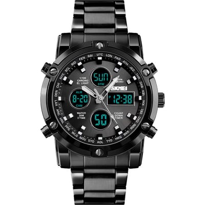 Modehorloge Trend Multifunctioneel Drie Tijd Grote Wijzerplaat Zakelijke Heren Elektronische Stalen Band Black&black gray