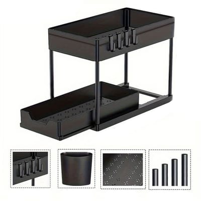 Opbergrek voor wastafel - Dubbellaags opbergrek voor badkamermeubel - Uitschuifbaar opbergrek - Plank - Opbergplank - 37,5*20*34,5 cm - Met schuifmand - Eenvoudig en mooi - Geschikt voor badkamers, keukens, enz. - Zwart