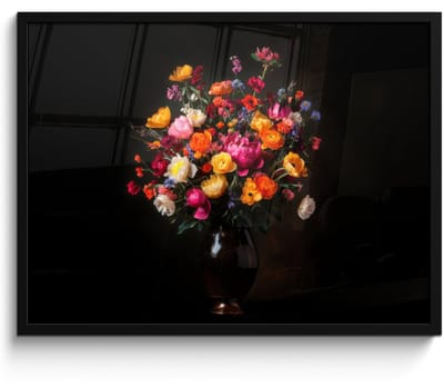 Poster in lijst - Fotolijst 70x50 cm - Posters - Kleurrijk - Boeket - Vaas - Donkerbruin - Posterlijst zwart - Decoratie - Wanddecoratie woonkamer - Muurdecoratie slaapkamer