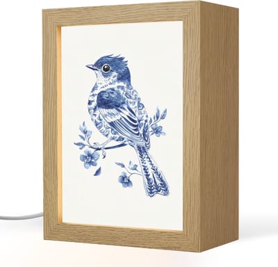 Tafellamp 15x20 cm - LED lamp - Vogel - Delfts blauw - Illustratie - Bloemen - Decoratieve tafellampen - Dimbaar - Tafellampje slaapkamer - Woonkamer binnen