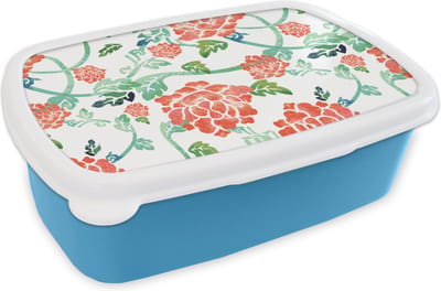 Broodtrommel Blauw - Lunchbox - Brooddoos - Bloemen - Bladeren - Patronen - Waterverf - 18x12x6 cm - Kinderen - Jongen