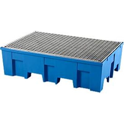Opvangbak, voor 2 vaten van elk 200 l, met openingen voor palletwagen, B 865 x D 1245 x H 350 mm, met gegalvaniseerd rooster, polyetheen, blauw