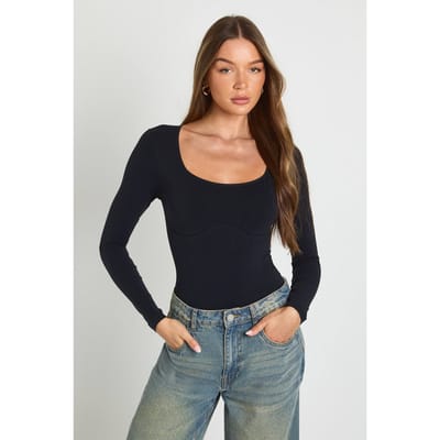 boohoo Dames Naadloze body met ronde hals en lange mouwen | Black | Maat: Large