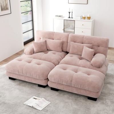 Wishdor - Modulaire Hoekbank - Met Ottomans En Kussens - Vintage - Voor Woonkamer - Chenille - Roze