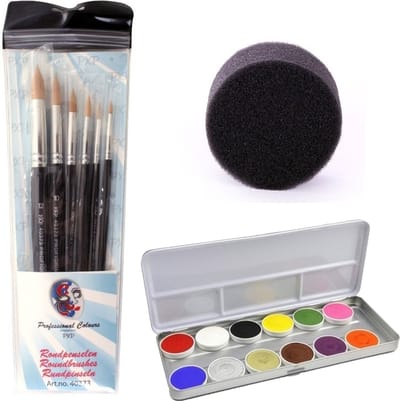 Superstar Professionele Schmink set met 12 kleuren - 6x penselen en 2x sponsjes - voor kinderen en volwassenen