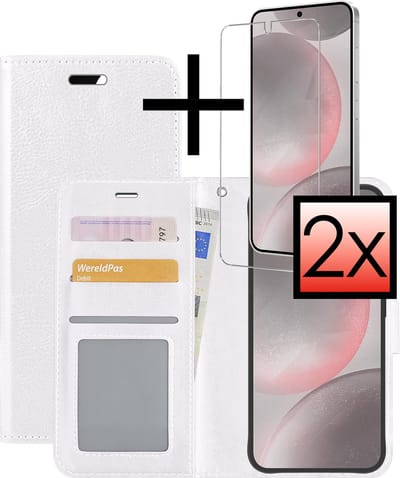 Hoesje - Met 2x Screenprotector - Geschikt voor Samsung Galaxy S24 - Luxe Pasjeshouder - Bookcase Portemonee - Flip Case - Kunstleer Book Case - Flipcase Hoes - Book Cover - Walletcase - Portemonneehoes - Wit