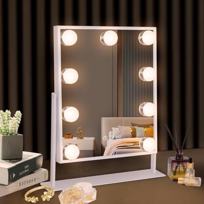Make-upspiegel met verlichting - draadloos oplaadstation - Hollywood spiegel - 3 kleuren licht - 9 dimbare led lampen - 360 graden rotatie - make-up spiegel