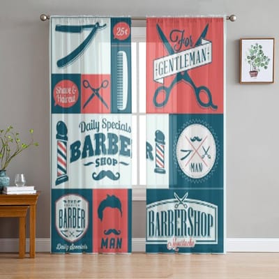 Set van Vintage Kapsalon Grafische Elementen en Iconen Chiffon Transparante Gordijnen voor Woonkamer Slaapkamer Decoratie Raam Voiles Tule Gordijn 135W x 114H(cm) gray