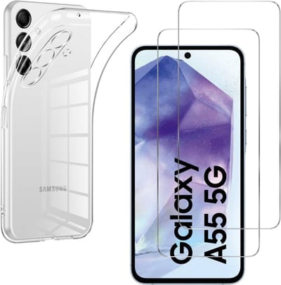 Hoesje Ultraslank geschikt voor Galaxy a55 backcover siliconen Transparant en 2 stuks ScreenProtector Gehard Glas