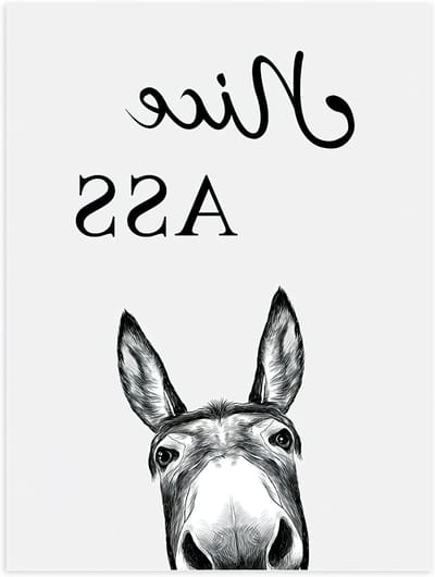 Hoge kwaliteit kunstprint voor de badkamer, grappige zwart-wit afbeelding van een ezel, wanddecoratie voor toilet en woonkamer, 30 x 40 cm, zonder lijst, perfect voor dierenliefhebbers en humorvolle inrichting
