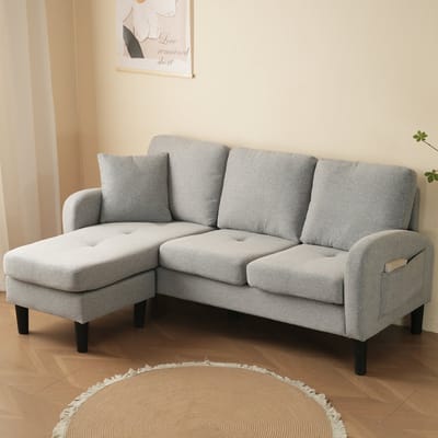 L-vorm hoekbank met chaise longue - compacte 3-zitsbank - 166x118x77 cm - katoen-linnen stof - modulair op te stellen - ideaal voor woonkamer, appartement en kantoor