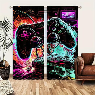 2 stuks HD Digitaal Bedrukte Gordijnen Woondecoratie Woonkamer Slaapkamer Tunnelgordijnen Zwart-Wit Gamepad Print Slaapkamer Studiekamer 2x50W130H(CM)&hook