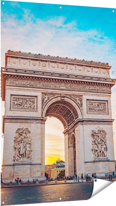 Gards Tuinposter Arc de Triomphe in Parijs met Zonsondergang - 100x150 cm - Tuindoek - Tuindecoratie - Wanddecoratie buiten - Tuinschilderij