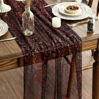 75*300cm-tafellopers textiel-Tafelloper Tule met Glitters-Prachtige woondecoratie, tafeldecoraties-Zwart - Rode pailletten