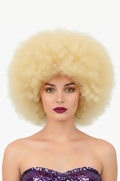 KIMU® Pruik Afro Lichtblond Disco - met Gratis 2x Haarnetje - Blond Afrokapsel Seventies Blonde Seventies Krullen Festival