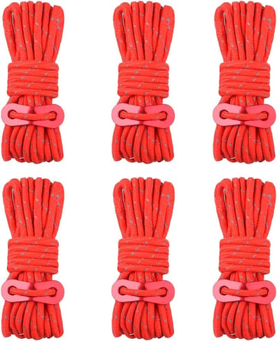 Reflecterende Scheerlijnen met Aluminium Bevestiging voor Tarp, Tent, Kamperen en Wandelen - Rood, Set van 6 Stuks