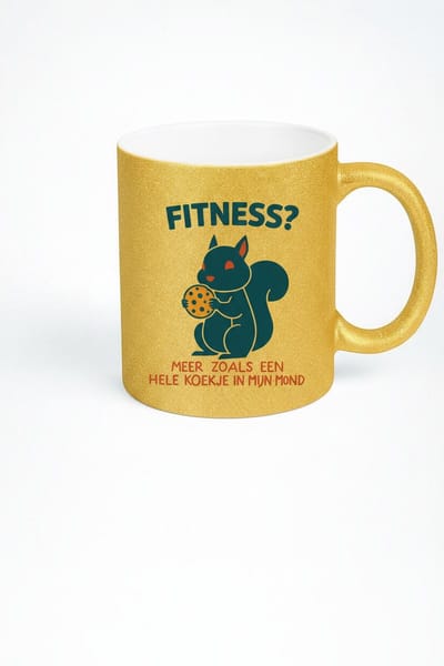 “Fitness? Meer Zoals Een Hele Koekje In Mijn Mond” 330ml Gouden Glitter Koffiemok – Grappige Eekhoorn Design – Leuk Humor Cadeau