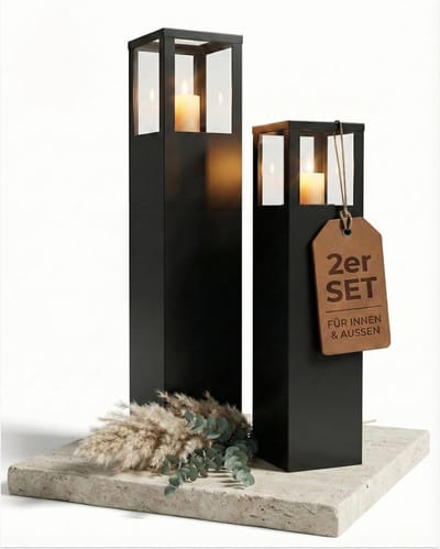 Dailygoods- Windlichtzuil set van 2 - Decoratieve Tuinlantaarn - Industrieel Design - Vierkant 95 cm/75 cm - Lantaarn voor Buiten/Binnen - Antraciet Kleur