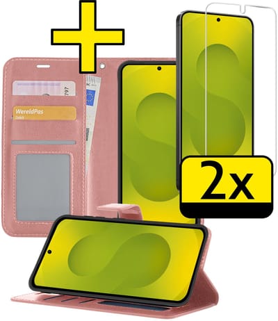 Hoesje - Met 2x Screenprotector - Geschikt voor Samsung Galaxy S25 Edge - Luxe Pasjeshouder - Bookcase Portemonee - Flip Case - Kunstleer Book Case - Flipcase Hoes - Book Cover - Walletcase - Portemonneehoes - Telefoonhoesjes - Rosé goud