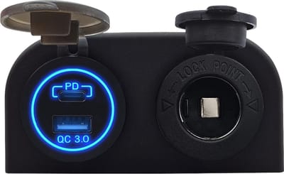 ProRide 12V USB/USB C Stopcontact 2 Poorten - Opbouw - QC3.0 - met 12/24V Sigaretten stopcontact - Blauw