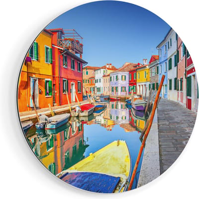Artaza Dibond Muurcirkel Kleurrijke Huisjes aan het Water in Venetië - Ø 80 cm - Groot - Wandcirkel - Rond Schilderij - Voor Binnen en Buiten