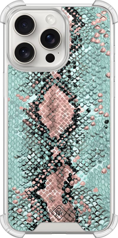 Casimoda® hoesje - Geschikt voor iPhone 15 Pro Max - Slangenprint pastel mint - Shockproof case - Extra sterk - TPU/polycarbonaat - Mint, Transparant