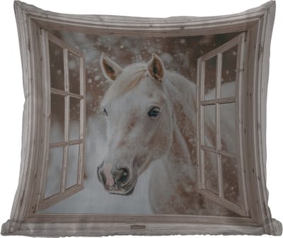 Tuinkussen - Paard - Wit - Winter - Sneeuw - Doorkijk - Dieren - 40x40 cm - Weerbestendig