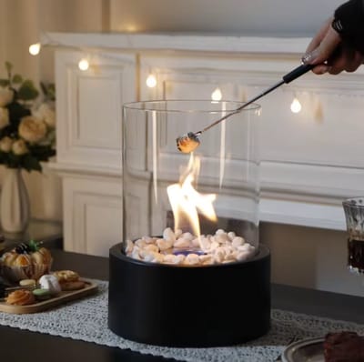 Ronde Bio-Ethanol Tafelhaard – Draagbare Sfeerhaard voor Binnen & Buiten – Glazen Vlammenlamp – Zwart Groot