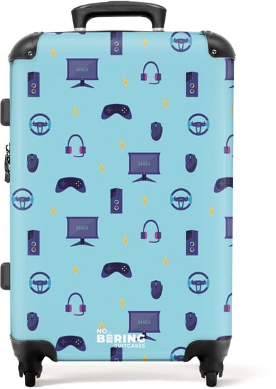 NoBoringSuitcases.com® - Kinderkoffer - Kindertrolley jongen en meisje - Gamer patroon met spelaccessoires op blauw - Koffer kind groot - Rolkoffer lichtgewicht - Reiskoffer met 4 wielen - Grote trolley XL - 20 kg bagage