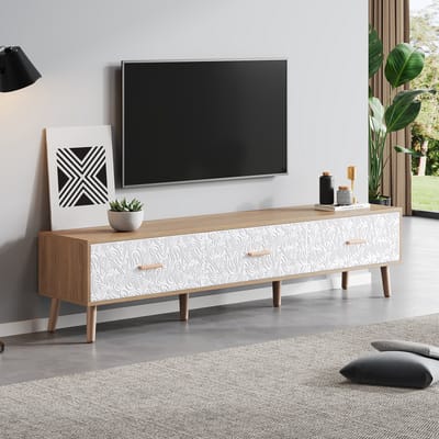 REDOM TV-meubel 150x35x39 cm van spaanplaat en massief hout, retro design met witte structuurdeuren en 3 lades