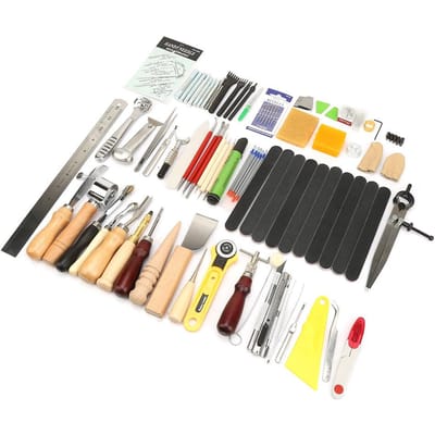 60 Pièces Outil d'Artisanat du Cuir pour Coudre, Piquer, Graver, Ensemble d'Outils pour le Travail du Cuir beige