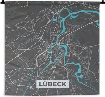 Wandkleed - Wanddoek - Lübeck – Stadskaart – Blauw – Plattegrond – Stadskaart – Kaart - Duitsland - 180x180 cm - Wandtapijt