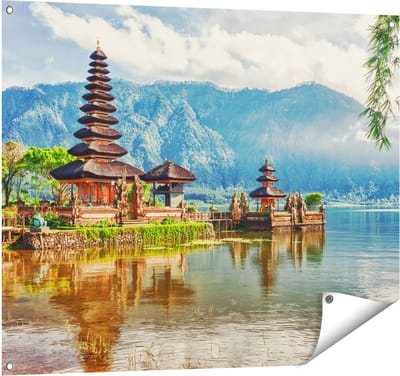 Gards Tuinposter Pura Tempel in Bali op het meer Beratan - 100x80 cm - Tuindoek - Tuindecoratie - Wanddecoratie buiten - Tuinschilderij