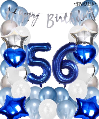 Snoes Ballonnen 56 Jaar Set Mega Blauw Zilver Ballon - Compleet Feestpakket Cijferballon 56 Jaar - Verjaardag Versiering Slinger Happy Birthday – Folieballon – Latex Ballonnen - Helium Ballonnen