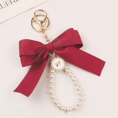 Mode Grand Nœud Ruban Perle Porte-clés Femme Multicolore DIY Pendentif de Clé Ornement Suspendu Accessoires de Sac Mignons rouge