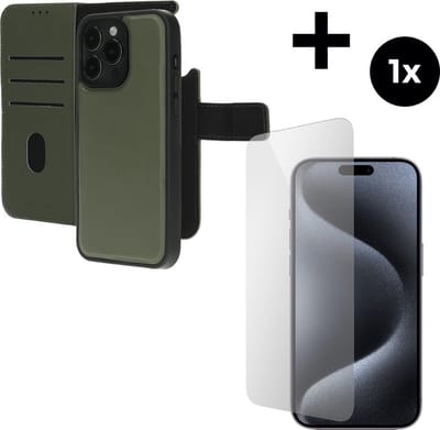 Mobiparts Leather 2 in 1 Wallet Case hoesje geschikt voor Apple iPhone 15 Pro Max met 1 Screenprotector van Gehard Glas - Groen