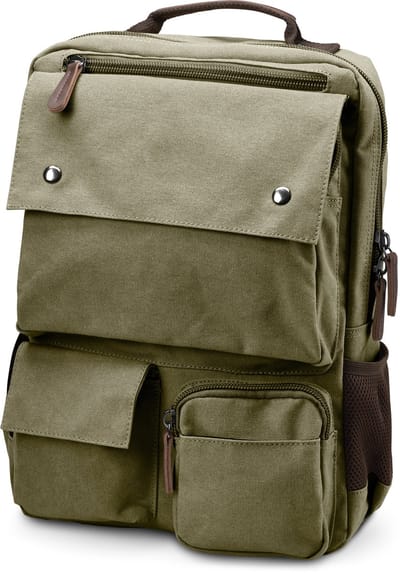 Compacte rugzak van legergroen canvas en bruin leer