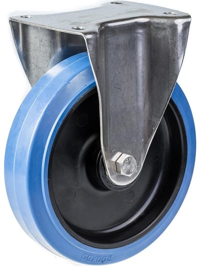 Vaste zwenkwiel van 200 mm van roestvrij staal met blauw elastisch rubber op een nylon middenwiel