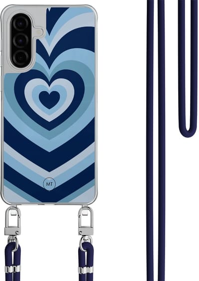 Hoesje met koord geschikt voor Samsung Galaxy A56 - Hart blauw - Inclusief Donkerblauw koord - Crossbody beschermhoes - Transparant, Blauw - Mooie Telefoonhoesjes