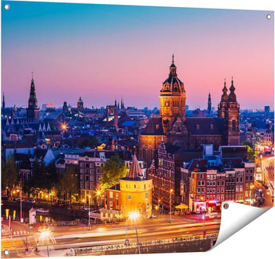 Gards Tuinposter Amsterdam Skyline bij Zonsondergang - 100x80 cm - Tuindoek - Tuindecoratie - Wanddecoratie buiten - Tuinschilderij