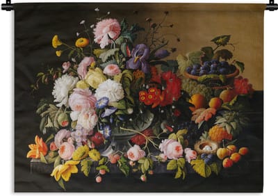Wandkleed - Wanddoek - Stilleven met bloemen en fruit - Kunstwerk - Oude meesters - 120x90 cm - Wandtapijt
