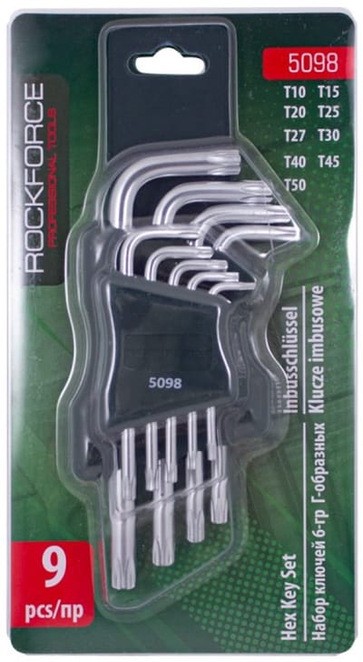 Rockforce Torx Sleutelset - 9-delig - T10 t/m T50 - Extra Lang - Chroom-Vanadium Staal (Cr-V) - Inclusief Houder - RF-5098
