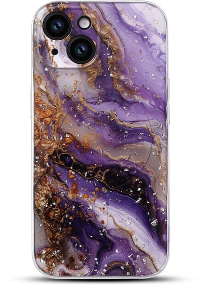 Casemania Hoesje Geschikt voor Apple iPhone 13 - Paars - Marmer Glitter Back Cover met Camera Bescherming - Geschikt voor MagSafe