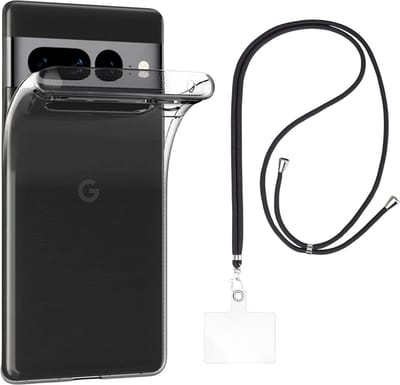 Set met hoesje en nekband voor google pixel 7 pro - Flexibele, transparante TPU-bescherming, verstelbare universele nekband voor mobiele telefoons, zwarte nekband, transparante draagriem van Phonillico®