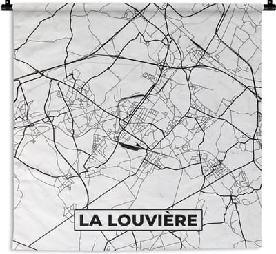 Wandkleed - Wanddoek - België – La Louvière – Stadskaart – Kaart – Zwart Wit – Plattegrond - 180x180 cm - Wandtapijt