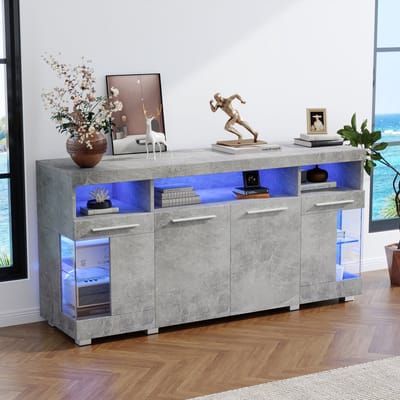 DESMIU Dressoir - Met LED Verlichting En Gehard Glazen Deuren - Voor Woonkamer En Opbergen - MDF In Cementgrijs - 140x40x70 Cm