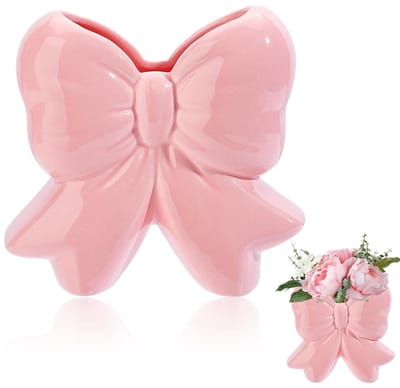 SnelShoppen - Unieke Roze Keramische Vaasje met Strikdesign 5,04" voor Bloemen - Perfect voor Kerstdecoratie, Thuis, Kantoor, en Sfeervolle Ruimtes
