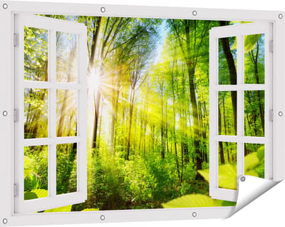 Gards Tuinposter Doorkijk Weg Omringd met Bomen in het Bos - 120x80 cm - Tuindoek - Tuindecoratie - Wanddecoratie buiten - Tuinschilderij