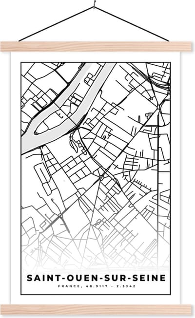 Posterhanger incl. Poster 40x60 cm - Schoolplaat - Plattegrond – Saint-Ouen-sur-Seine - Kaart – Frankrijk – Stadskaart - Zwart wit - Textielposter - Blanke latten - Stadskaart